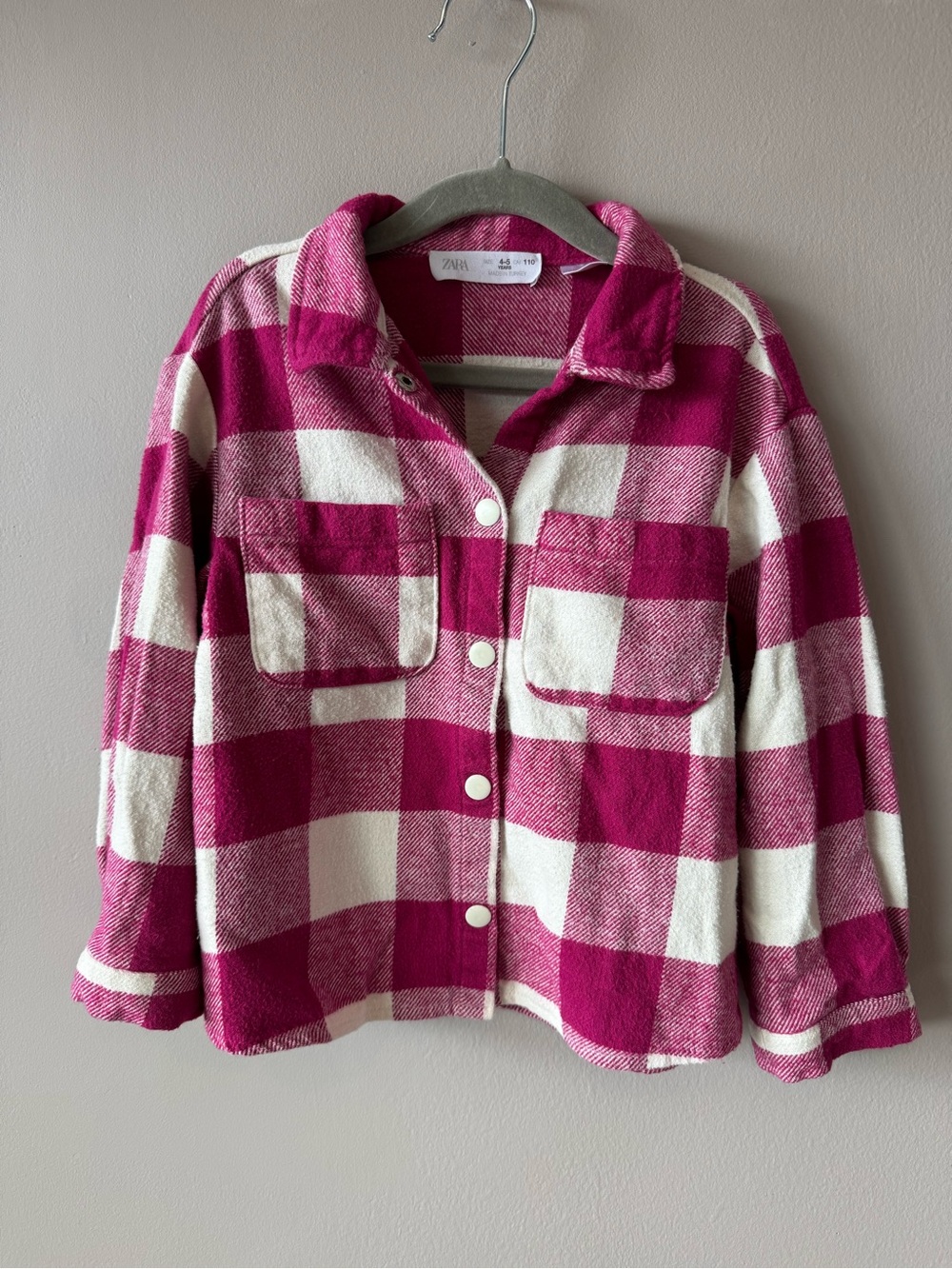 Zara Girls Pink and White Plaid Flannel 100% Cotton Over Shirt Size 4-5 Years
